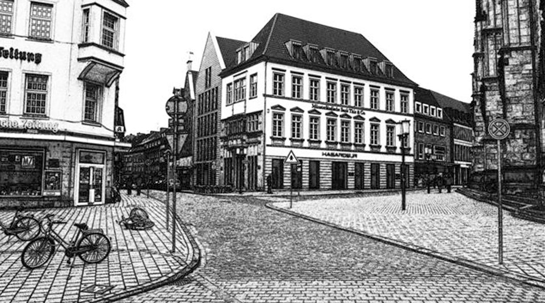 Zeichnung einer Münsteraner Straßenecke mit Kopfsteinpflaster und abgestellten Fahrrädern